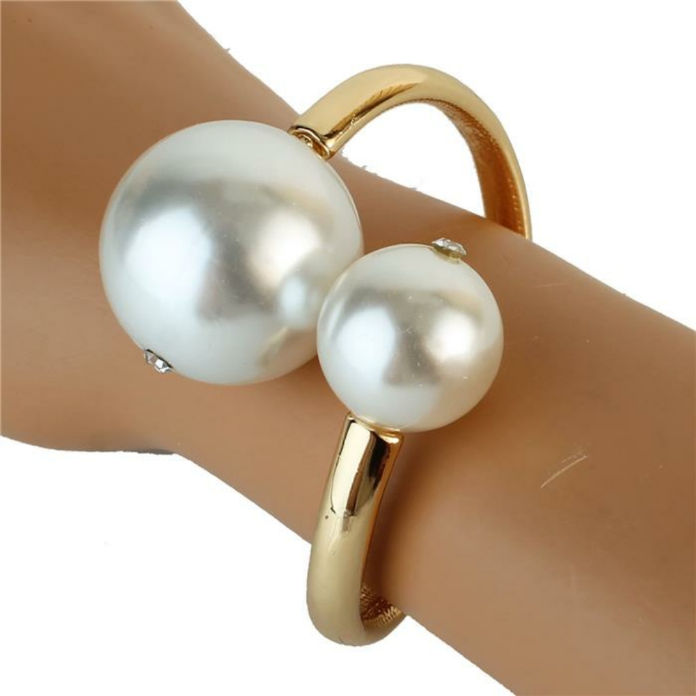 Big Gold Cream Pearl Rhinestone Hinged Bracelet